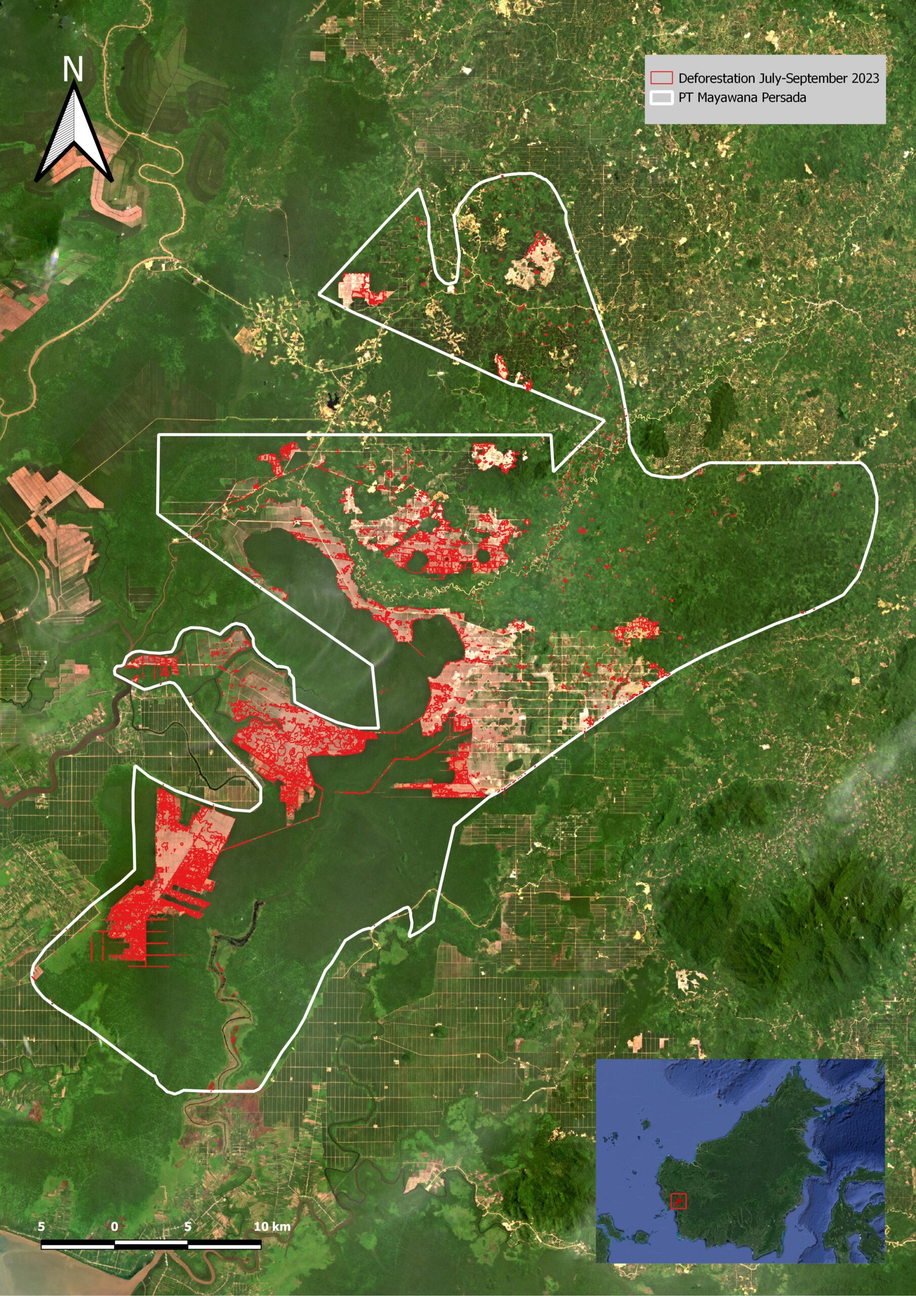 Deforestation within Mayawana Persada&rsquo;s concession in West Kalimantan from July to September 2023. Image courtesy of Aidenvironment.